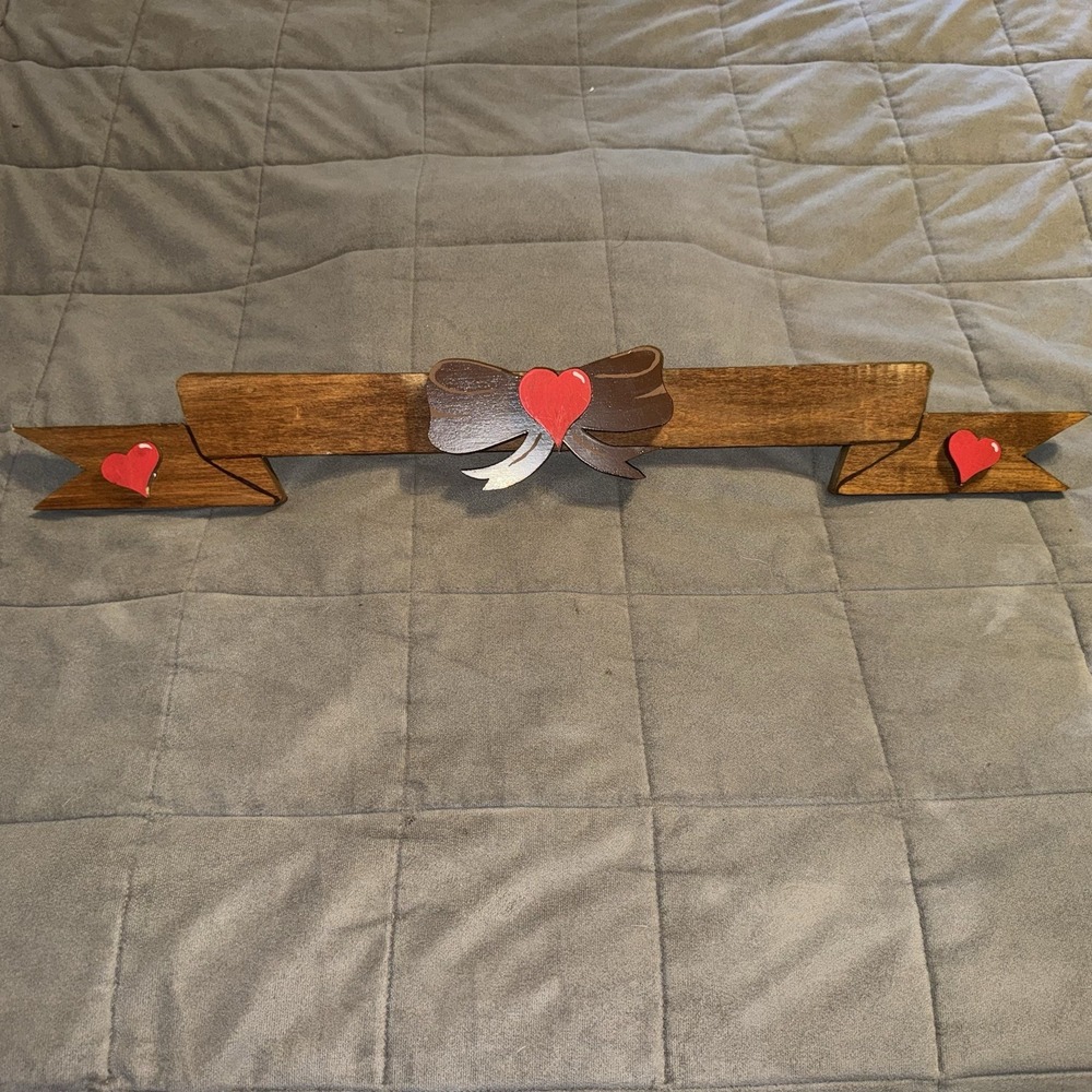 Vintage Wooden Bow Ribbon Wall Hanging Red Hearts Cottage Core Country Decor 29"